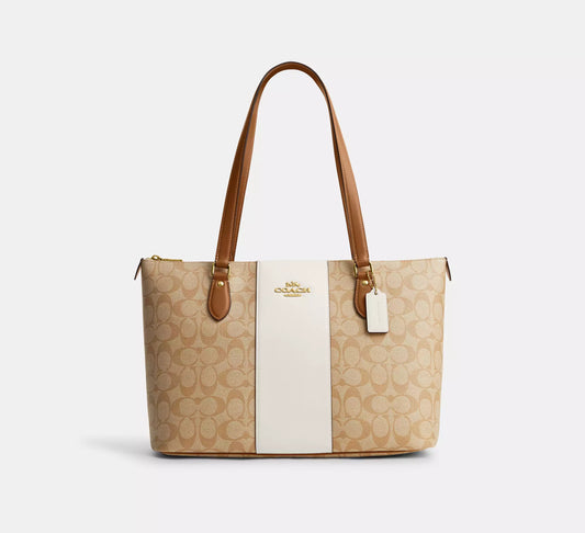 Coach Gallery Tote Bag In Signature Canvas With Stripe Chalk Lt Saddle