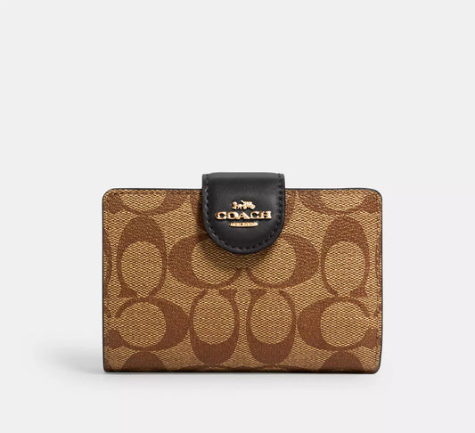 Coach Medium Corner Zip Wallet In Signature Canvas Gold/Khaki/Black - Women