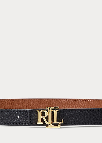 Polo Ralph Lauren Oval-Logo Reversible Leather Skinny Belt Black/Tan - Women
