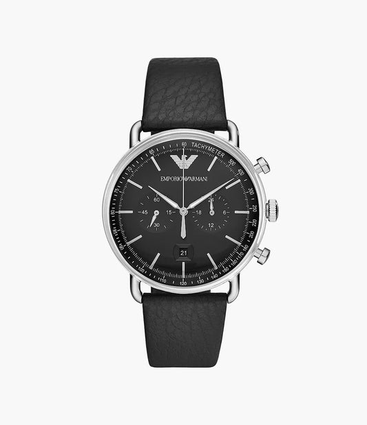 Emporio Armani Chronograph Black Leather Watch - Men
