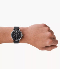 Emporio Armani Chronograph Black Leather Watch - Men