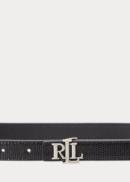 Polo Ralph Lauren Logo Reversible Embossed Skinny Belt Black/Silver - Women