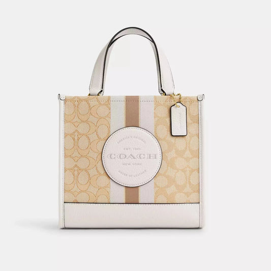 Coach Dempsey Tote 22 In Signature Jacquard With Stripe And Coach Patch Gold/Light Khaki Chalk - Women