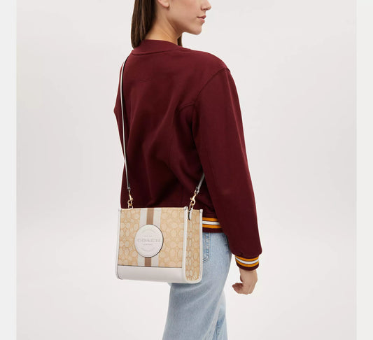 Coach Dempsey Tote 22 In Signature Jacquard With Stripe And Coach Patch Gold/Light Khaki Chalk - Women