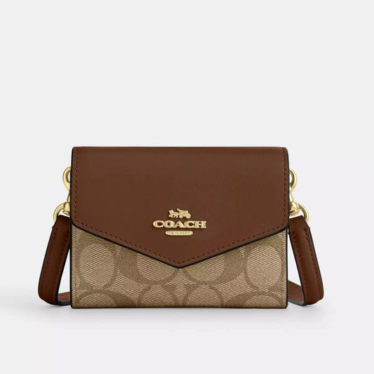 Coach Mini Envelope Wallet With Strap In Signature Canvas Gold/Khaki Saddle 2 - Women (Yeni)
